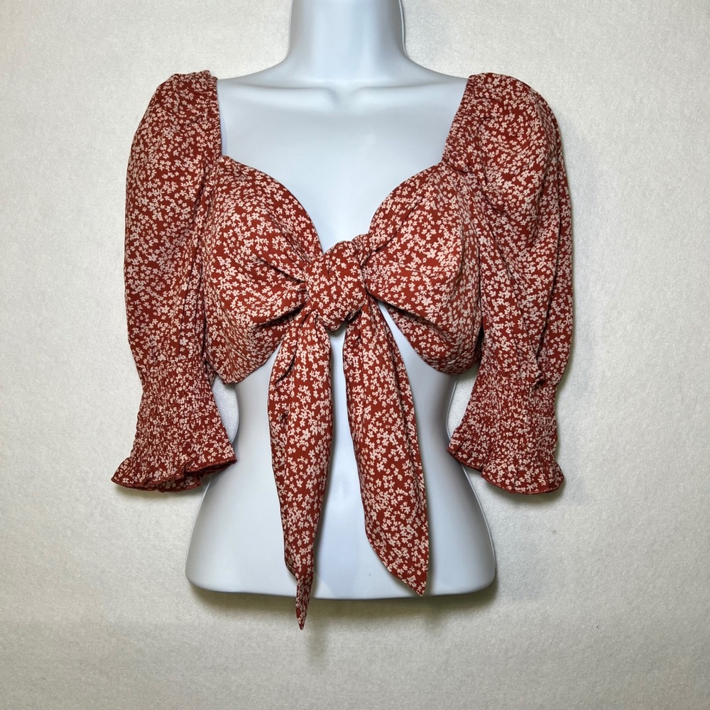 Blush BJ Women Floral Front Tie Croptop Ditsy Cottage Romantic Fairy Boho Chic L